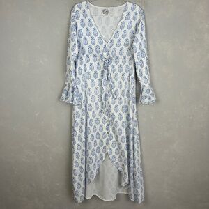 Neve & Noor maxi dress size S white blue block print cotton button up v-neck